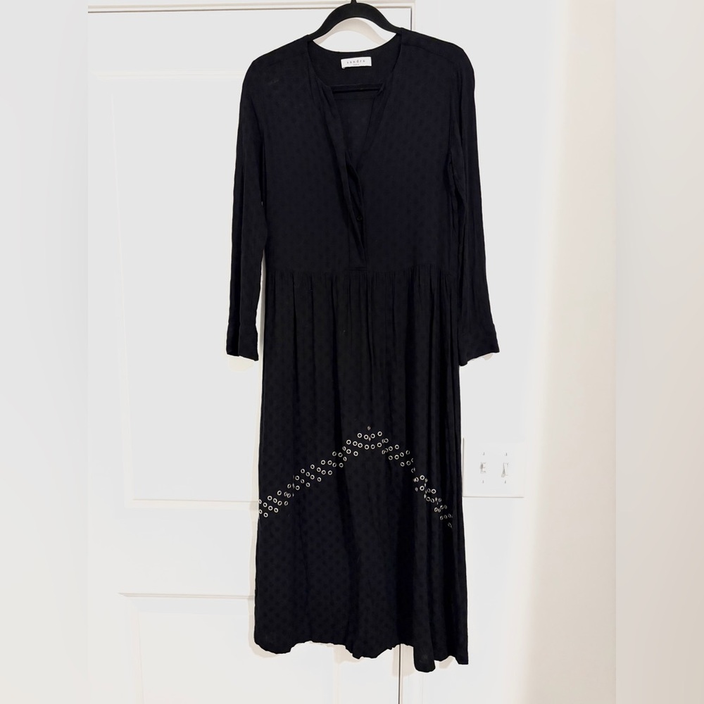 Sandro Paris Black Midi Dress Long Sleeve Textured Designer Dress - Picture 2 of 8